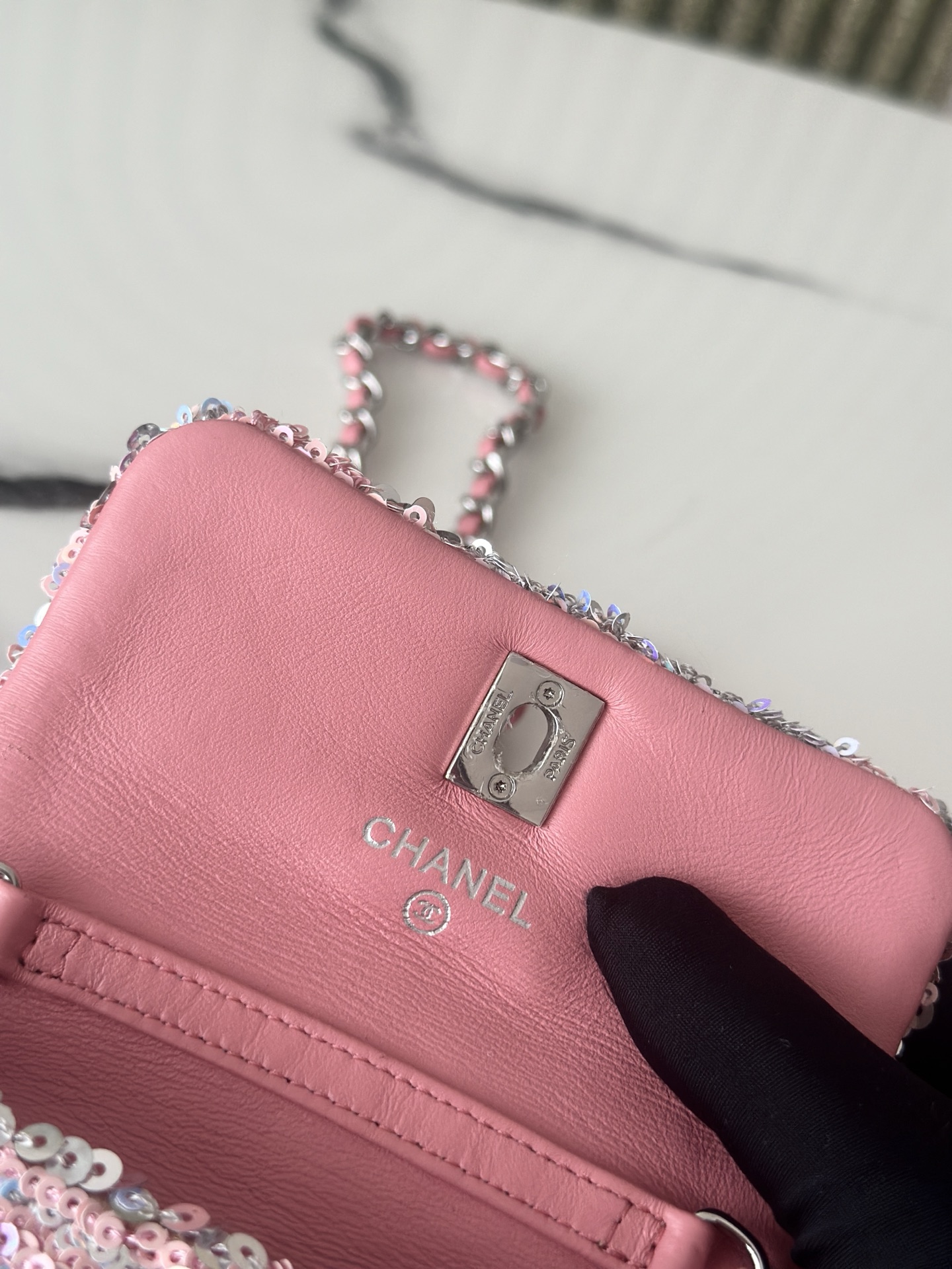 23C Large Mini Classic Flap Bag (AS3965) in Peach Pink Hand-Embroidered Sequins on Lambskin with Silver-Tone Hardware - Mocuir