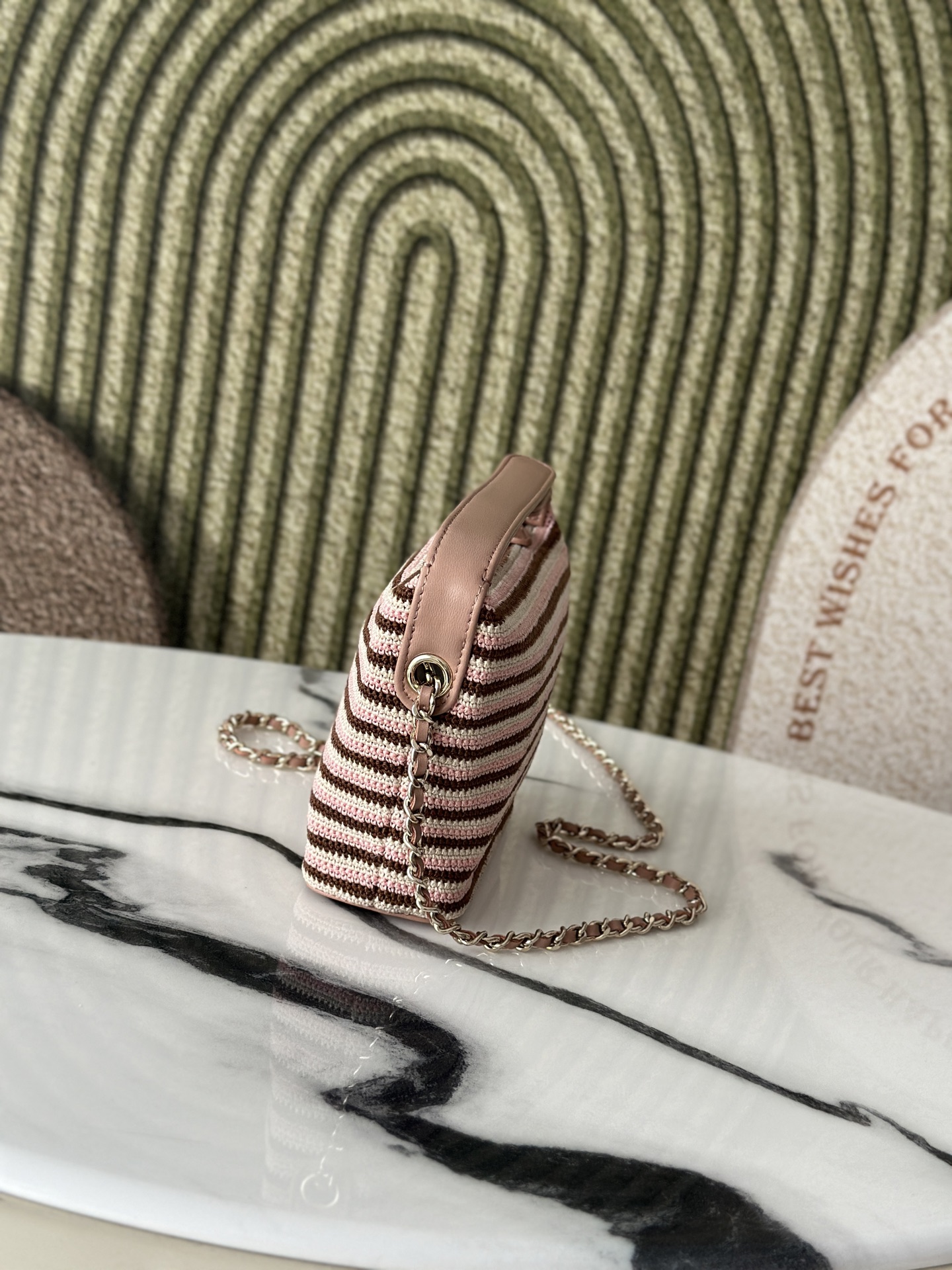 26P Cruise Mini Hobo Pouch with Chain in Pink/Brown/White Striped Crochet and Lambskin with Light Gold-Tone Hardware - Mocuir