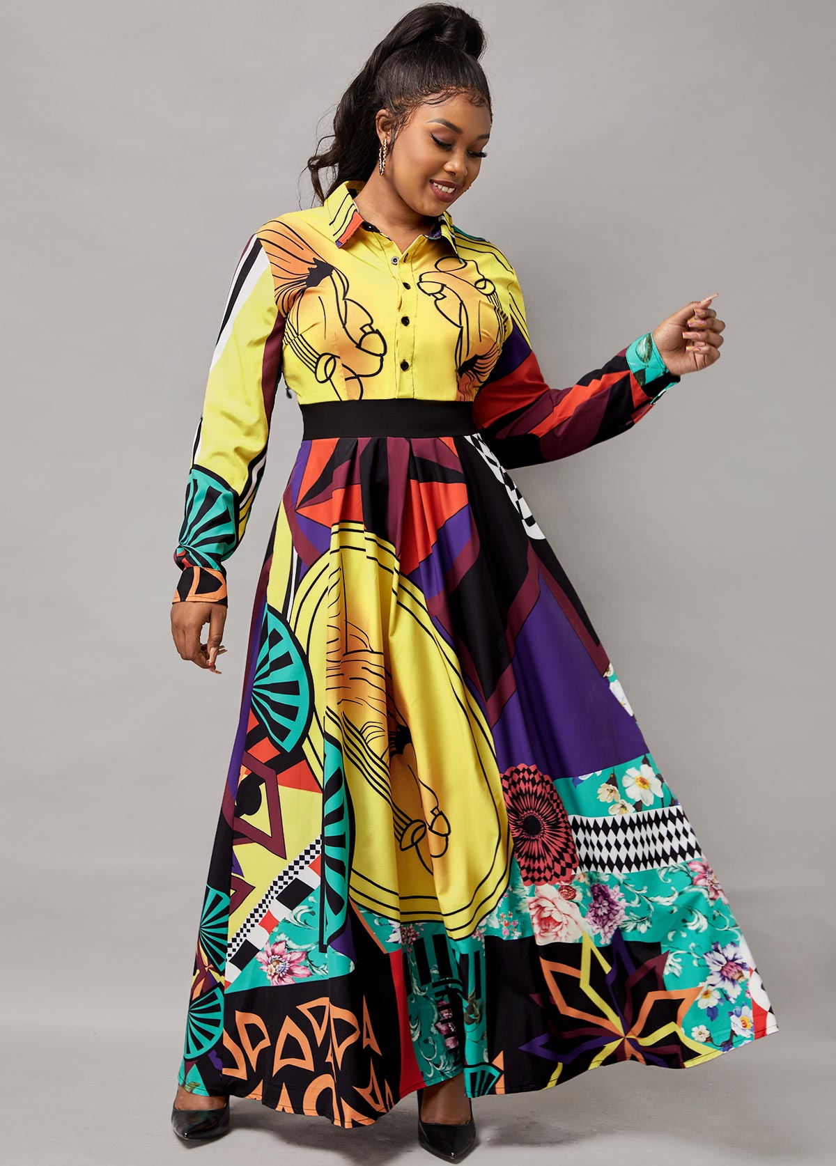 Printed Button Up Long Sleeve Turndown Collar Dress