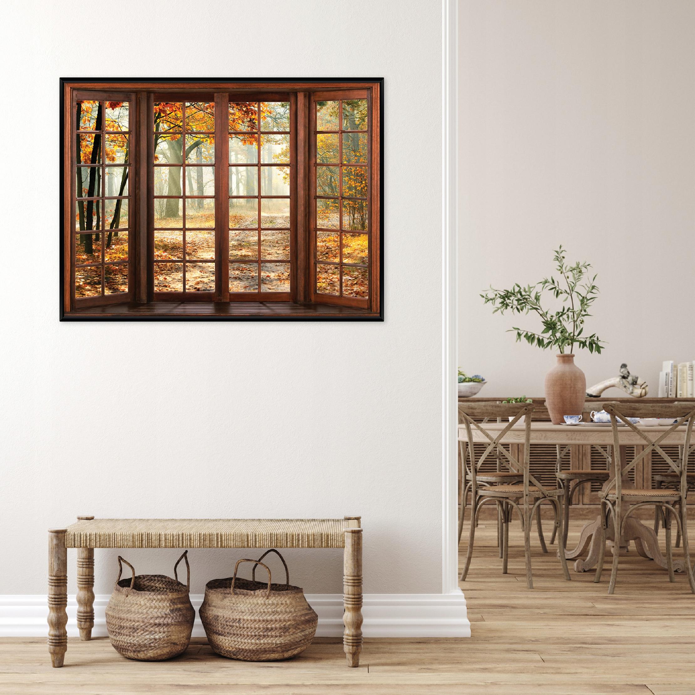 Black-framed canvas print: 3D window, forest, nature; living room, bedroom; 40x30