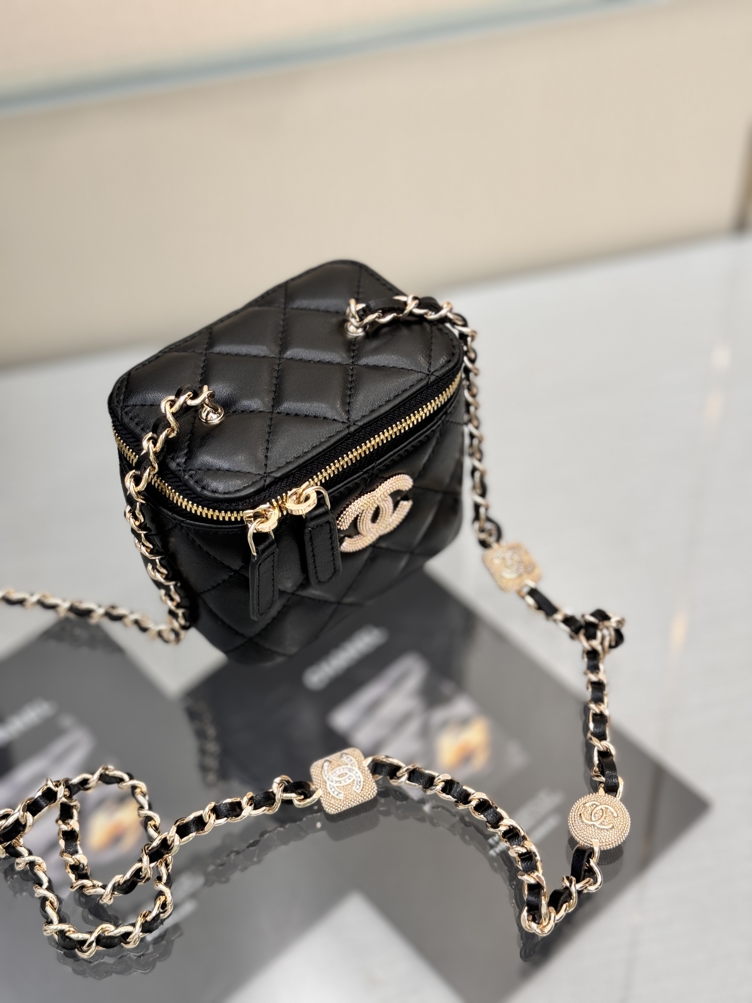 Mini Vanity Case with Chain in Black Quilted Calfskin with Crystal CC Logo & Light Gold-Tone Hardware - Mocuir
