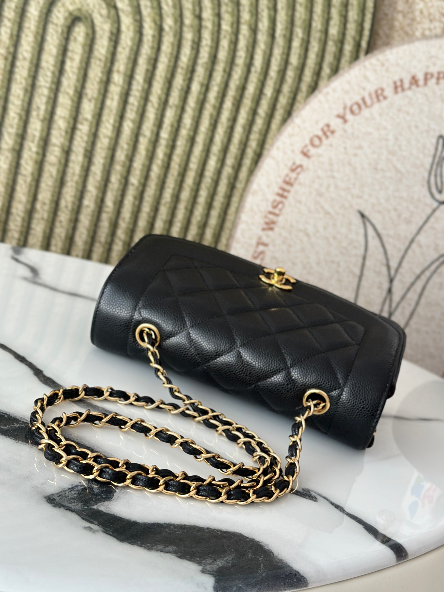 Black Caviar Quilted Medium Flap Bag with Gold Hardware - Mocuir