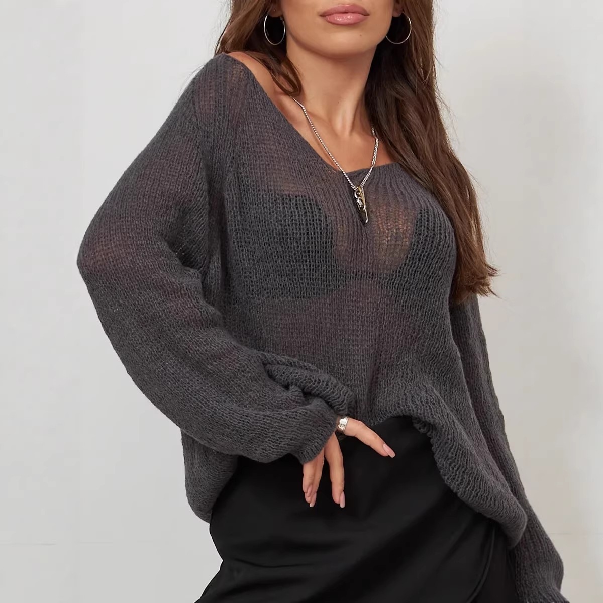 Spring and summer knitted sunscreen shirt with collar, solid color, hollow, sexy, thin knit concealer.