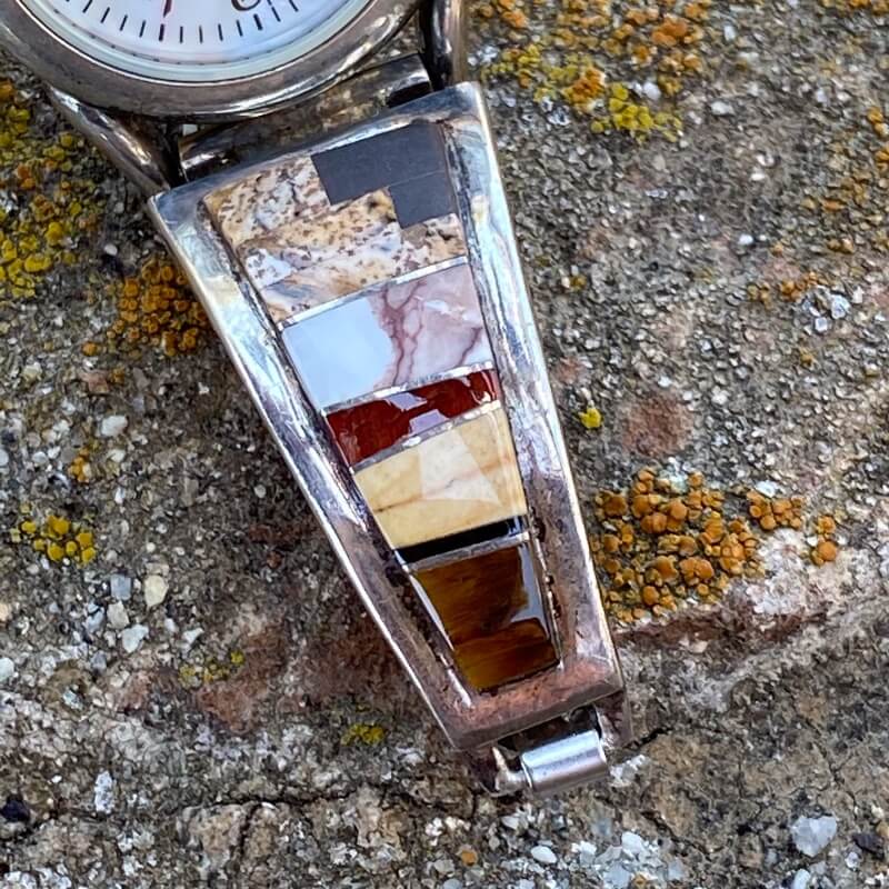 Vintage Navajo Watch Band  Sterling Dinosaur Bone Inlay Begay