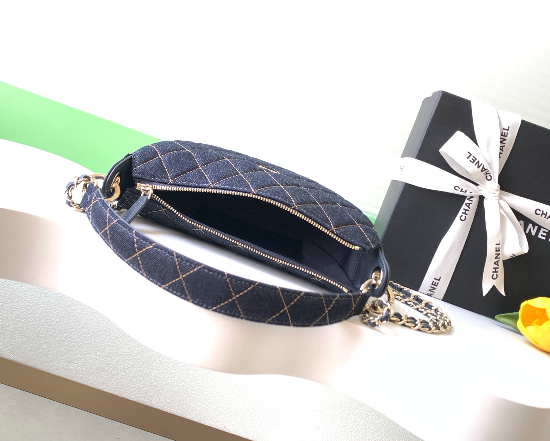 26S Spring-Summer Quilted Denim Moon Hobo Bag in Dark Blue with Gold Hardware (Model AS5652) - Mocuir