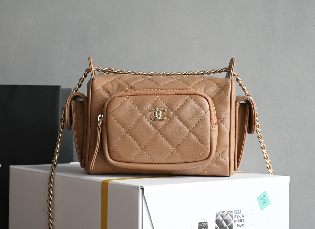 24K Camera Bag in Caramel Quilted Lambskin with Light Gold-Tone Hardware (Model AS5156) - Mocuir