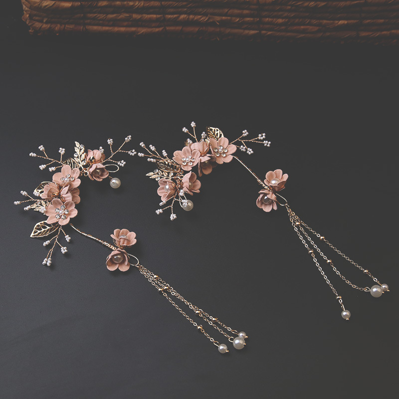 Bridal headdress pink and white flower earrings accessories combination of colorful bridal wedding dinner set ear rings