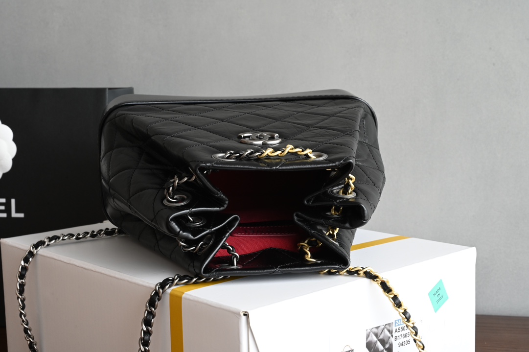 Gabrielle Backpack (Small) in Black Aged & Smooth Calfskin with Mixed Gold & Silver Hardware (Model A94485) - Mocuir