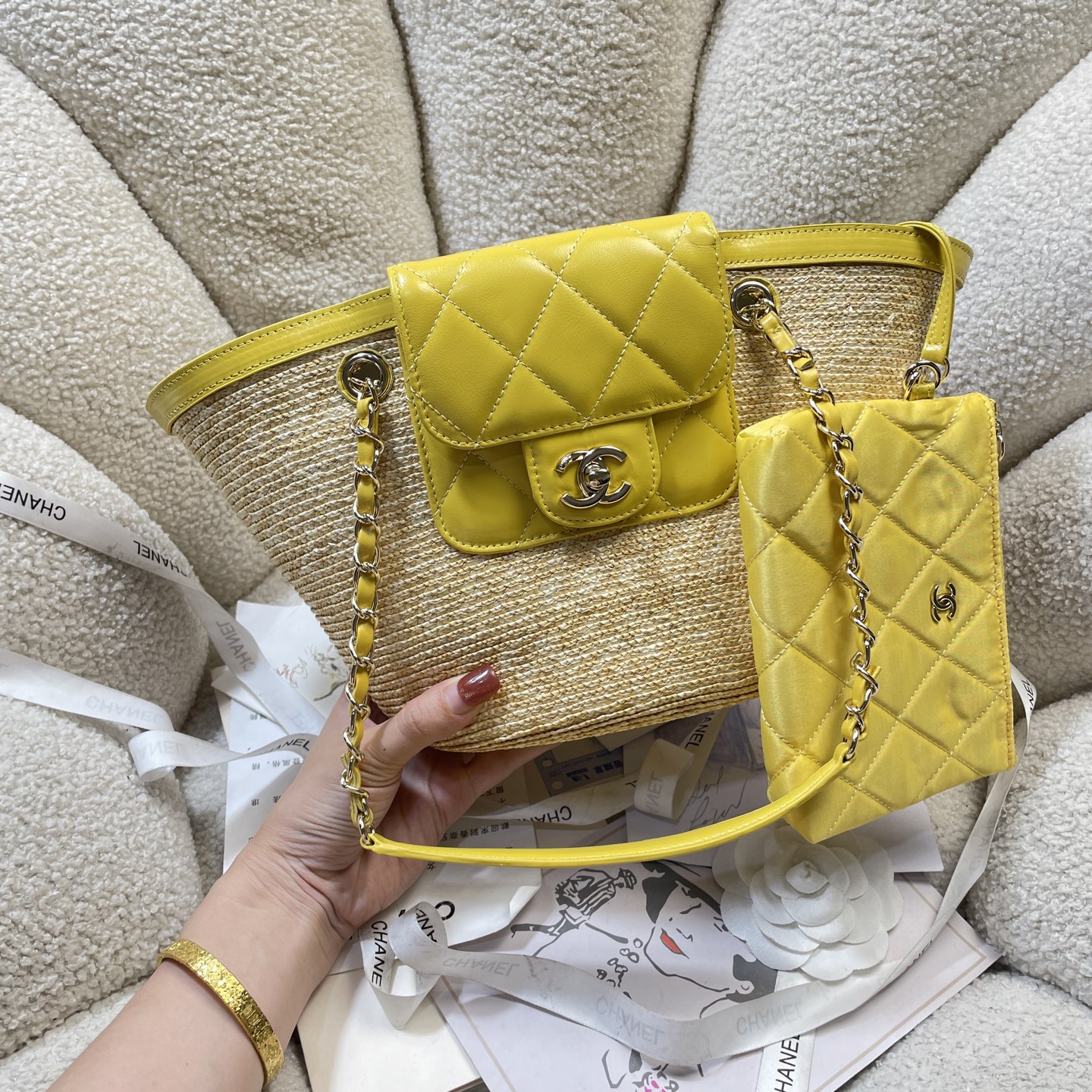 Straw and Lambskin Small Tote Bag with Pouch in Bright Yellow with Light Gold Hardware - Mocuir