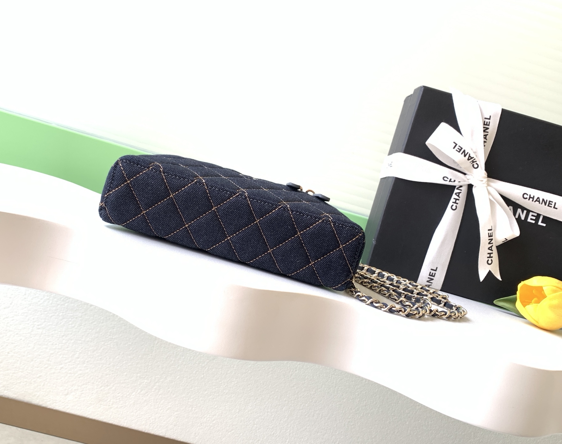 26P Pre-Collection Quilted Denim LP Top Handle Vanity Case in Dark Blue with Gold Hardware (Model AP4385) - Mocuir