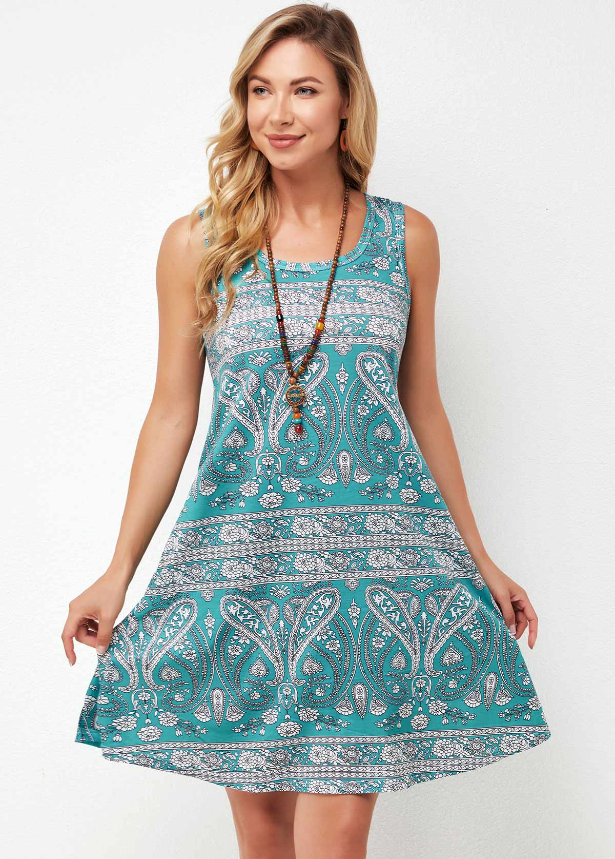 Printed Round Neck A Line Dress
