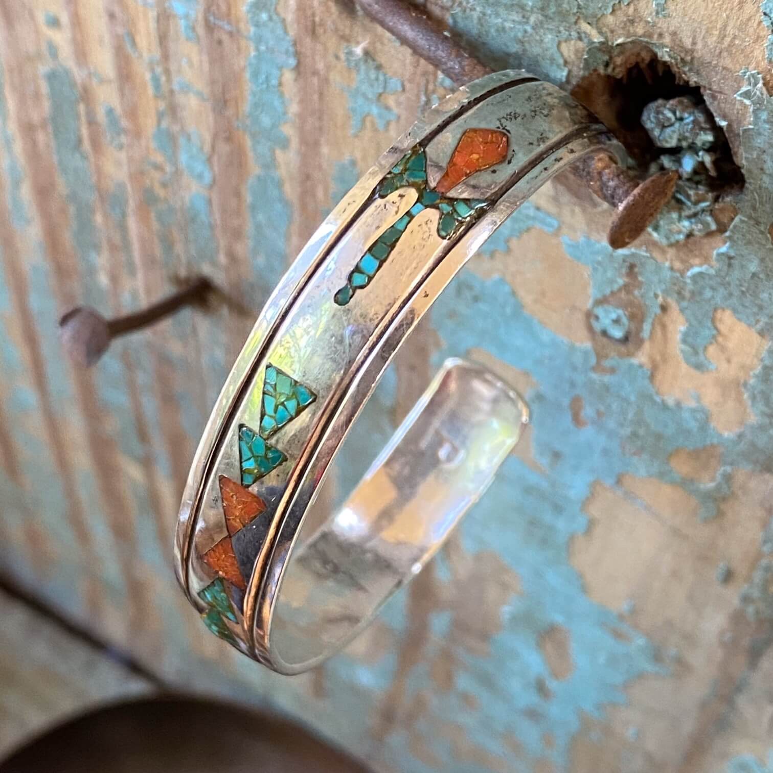 Southwestern Sterling Silver Bracelet Chip Mosaic Inlay