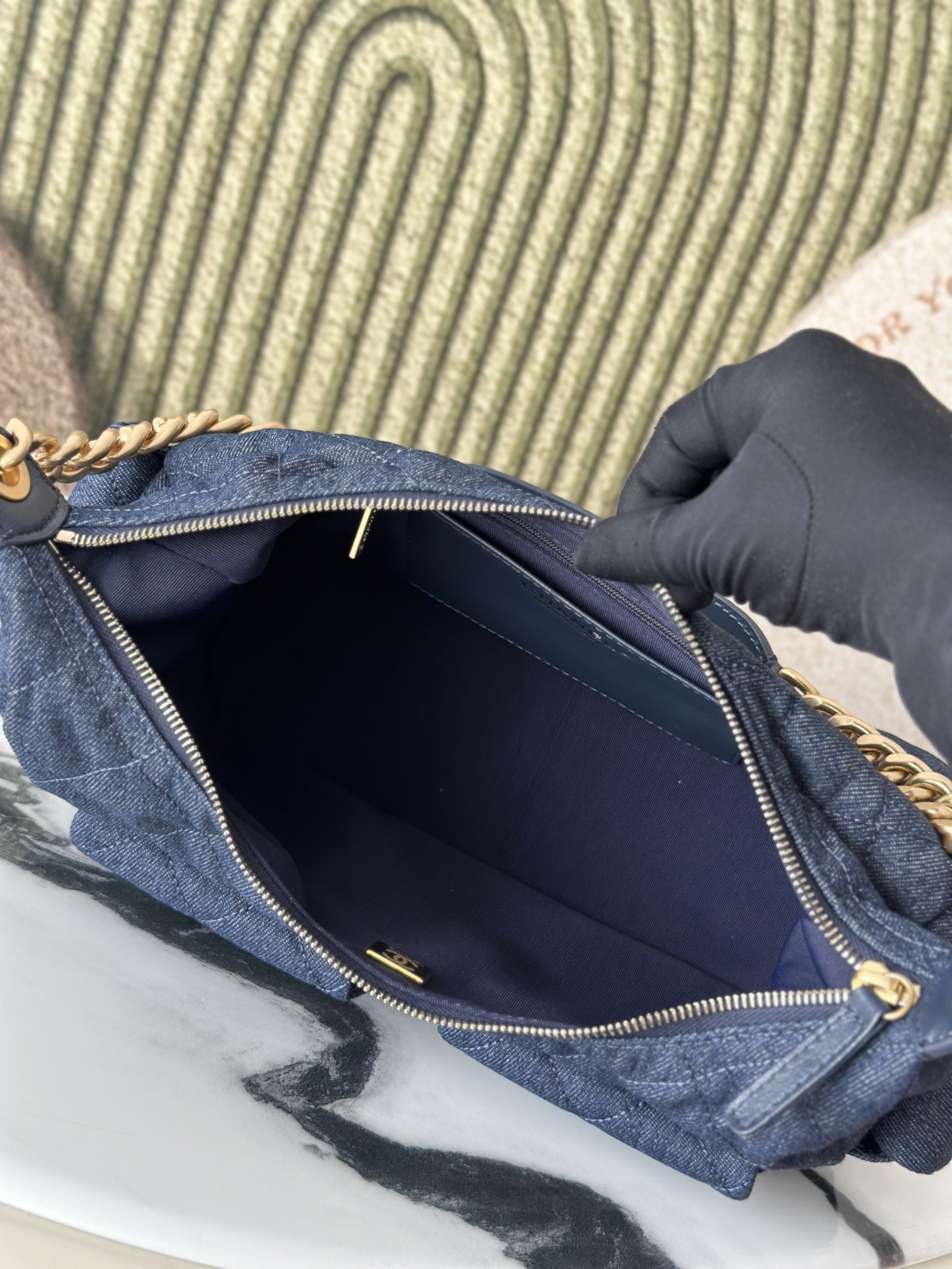 Dark Blue Denim Multi-Pocket Hobo Bag with Gold Hardware - Mocuir
