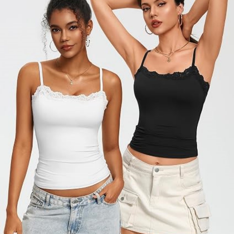 Women's Lace Trim Tank Tops Square Neck Camisole Going Out Top Slim Fit 2026 Trendy Summer