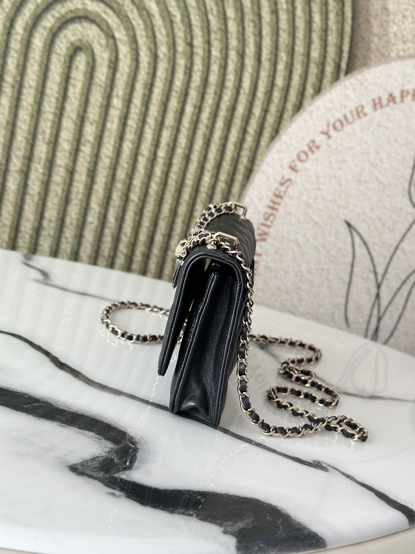 Wallet on Chain with Valentine Charms (AP3984) in Black Lambskin with Gold-Tone Hardware - Mocuir