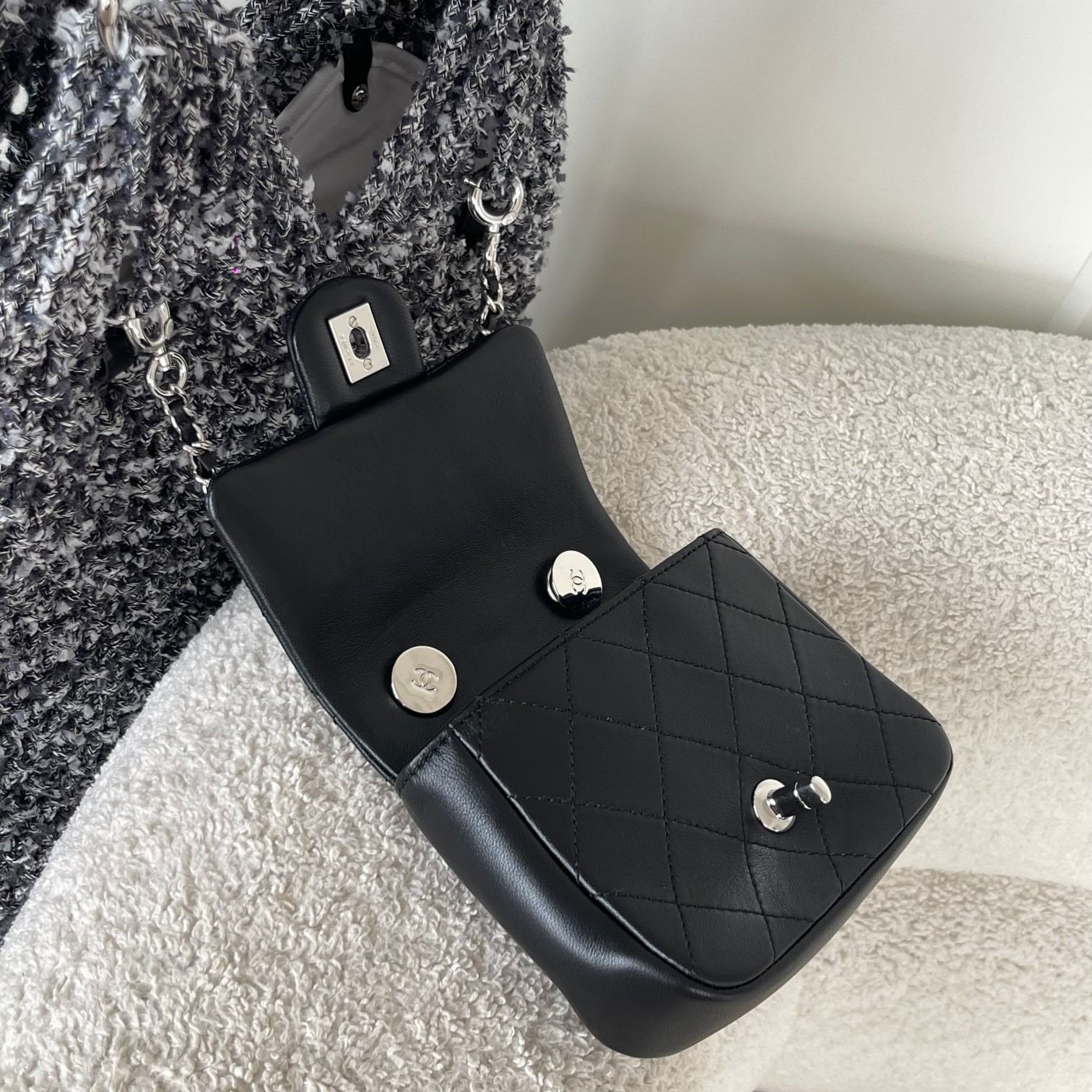 24C Black-Grey Knitted Mesh Tote Handbag with Attached Black Calfskin Mini Flap Bag and Silver-Tone Hardware - Mocuir