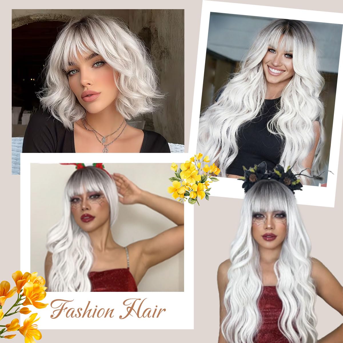 Silver Gray Wig with Bangs 26 Inch Long Curly Wavy Wigs for Women Begineer-friendly Synthetic Wig for Daily Party Holiday Use