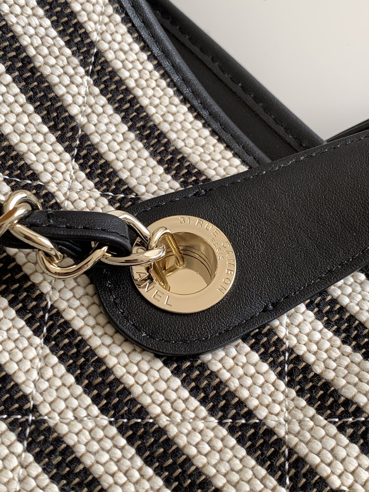 Deauville Large Striped Canvas Tote Bag in Black with Gold-Tone Hardware - Mocuir