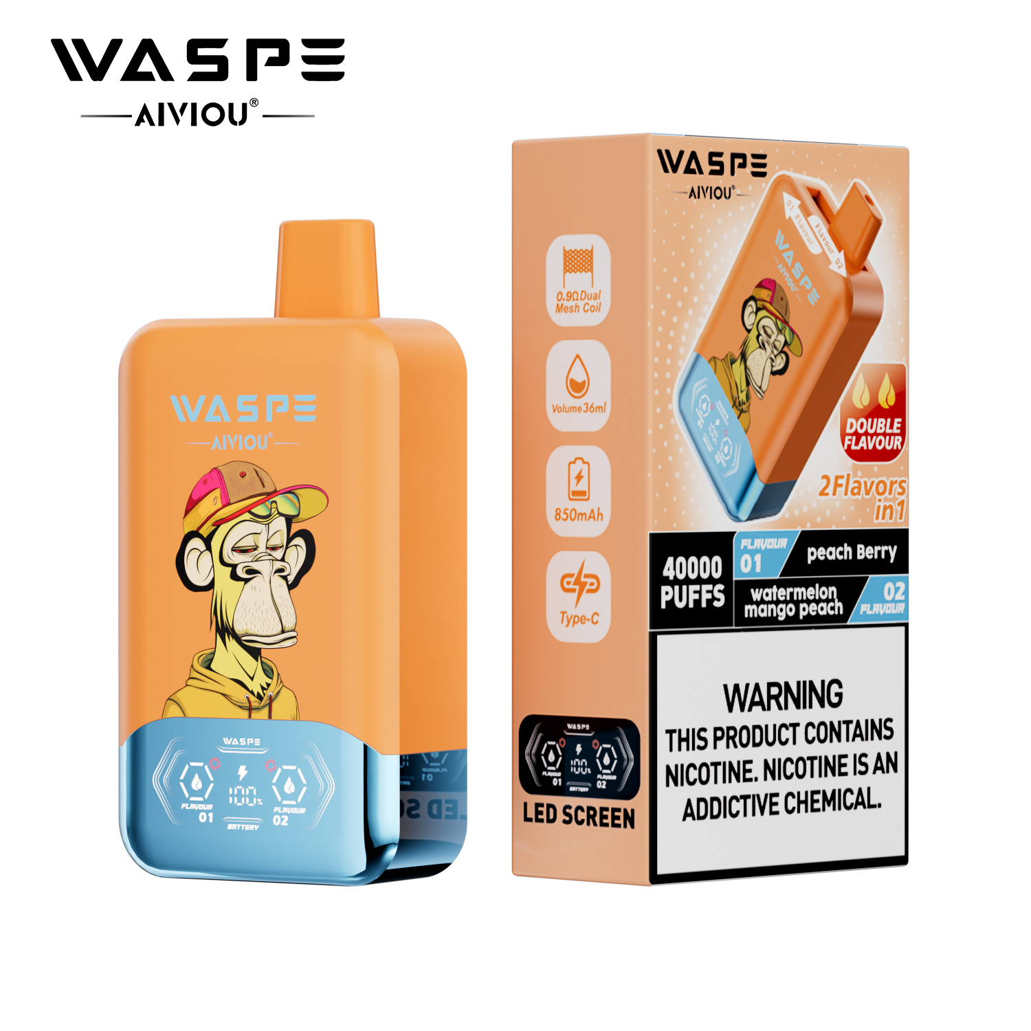 （3 pieces）WASPE 40000 40K Puffs Double Taste LCD Display Disposable Vape