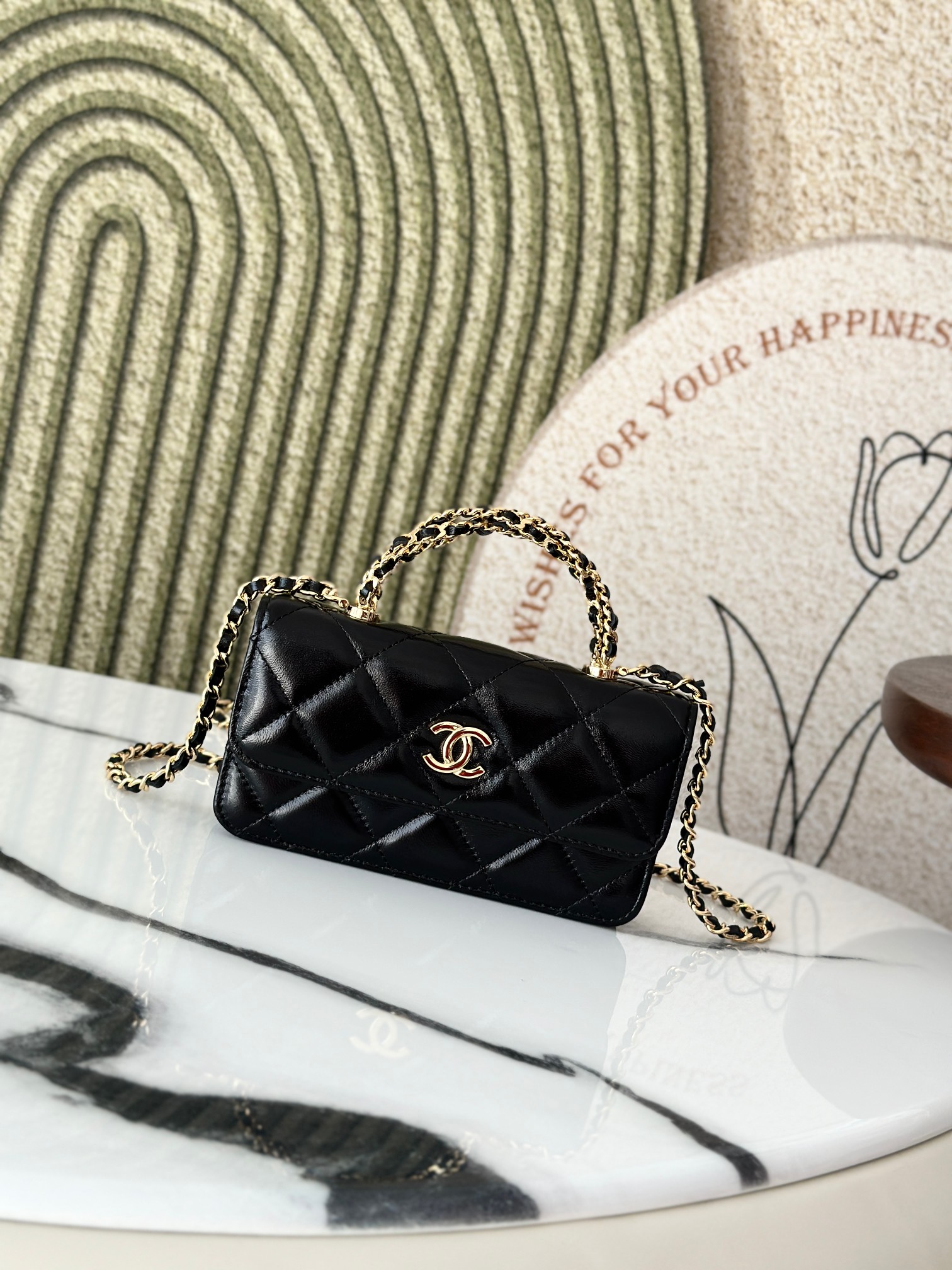 Black Shiny Calfskin Mini Flap Bag with Chain Handle (Model AP3656) - Mocuir