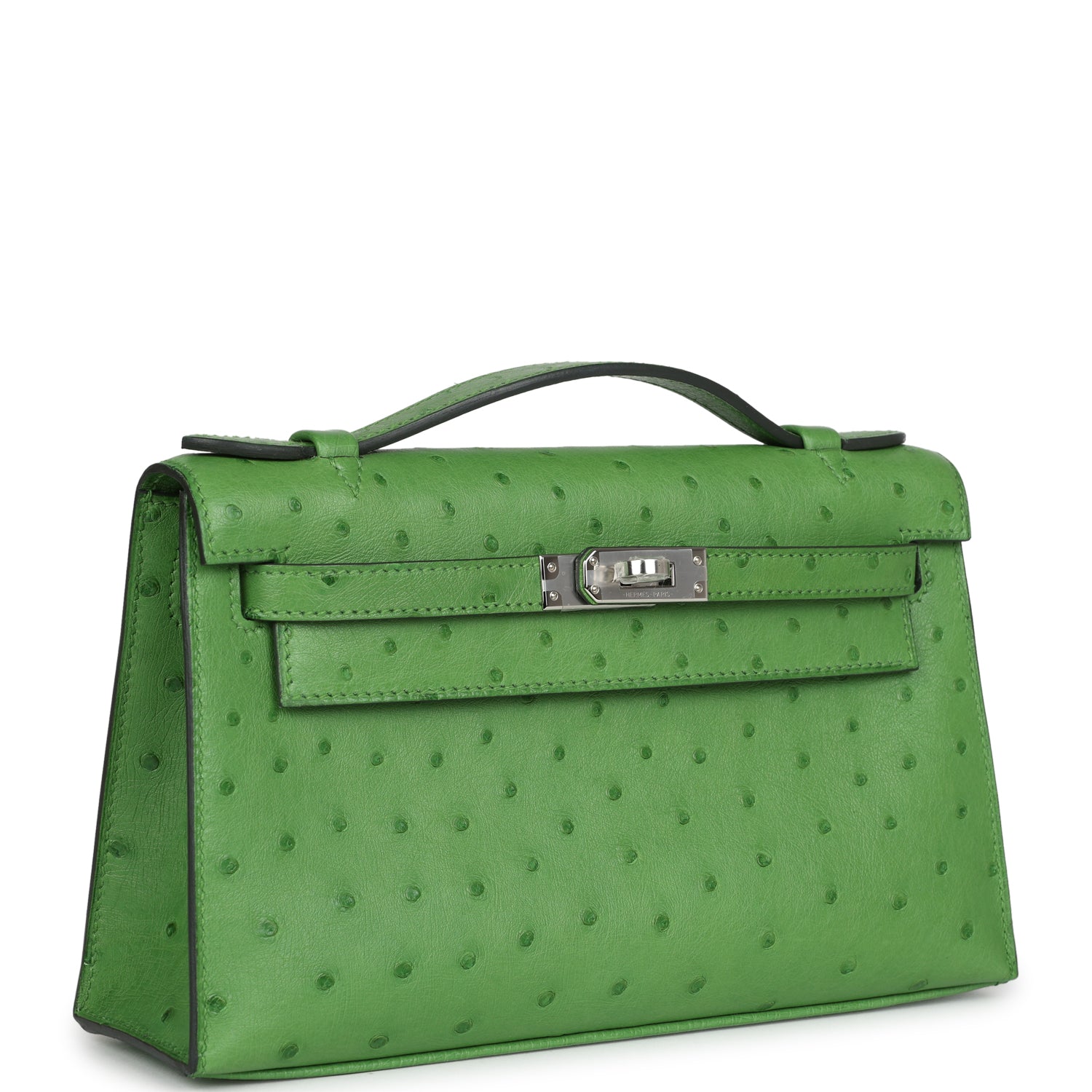 Kelly Pochette Vert Yucca Ostrich Palladium Hardware