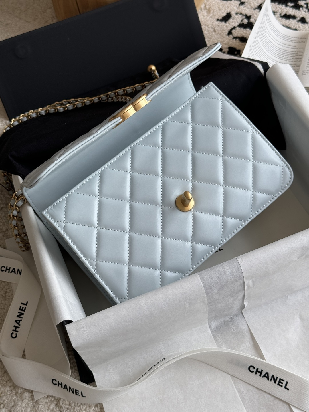 Wallet On Chain (WOC) with Double Gold Balls in Light Blue Quilted Shiny Caviar Leather with Antique Gold-Tone Hardware - Mocuir