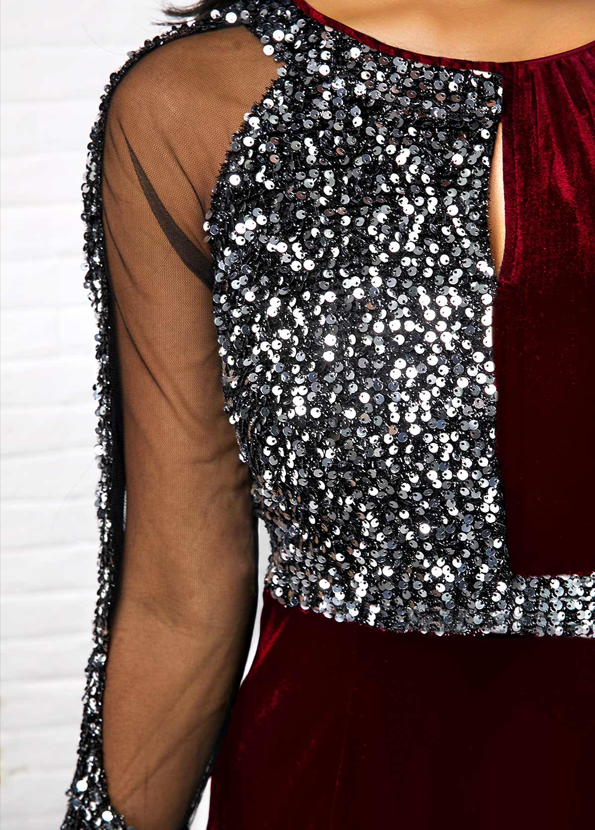 Sequin Detail Mesh Panel Back Slit Sheath Dress