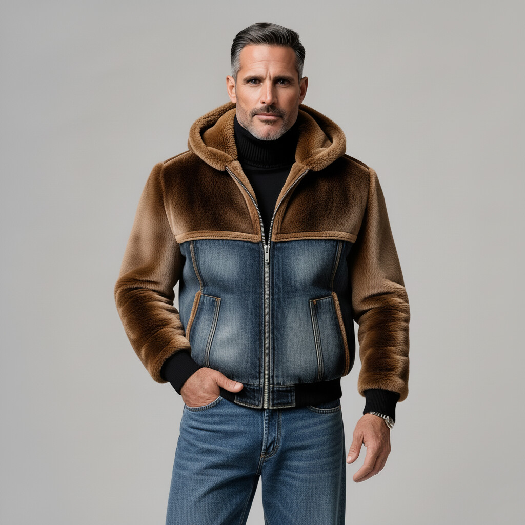 Men's Brown And Blue Denim Patchwork Artificial Shearling Long Sleeve Hooded Zip-Up Jacket