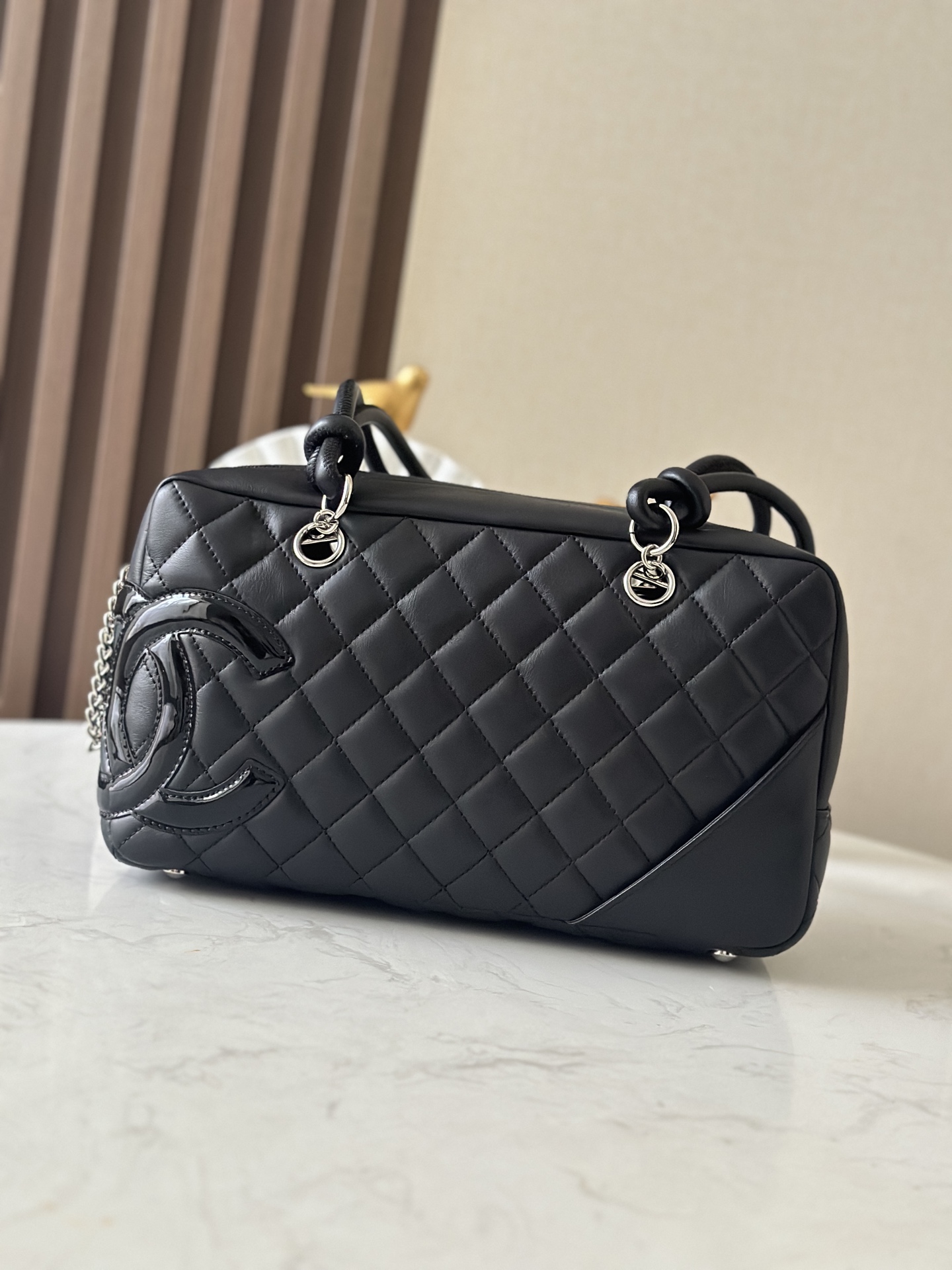 Black Quilted Cambon Bowling Bag with Silver Hardware - Mocuir