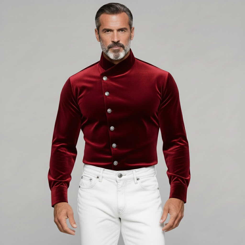 Men's Burgundy Stand Collar Long Sleeve Single Breasted Velvet Shirts