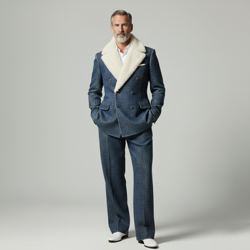 Men's Dark Blue Denim Plush Lapel Long Sleeve Double Breasted Blazer & Jeans 2 Pcs Set