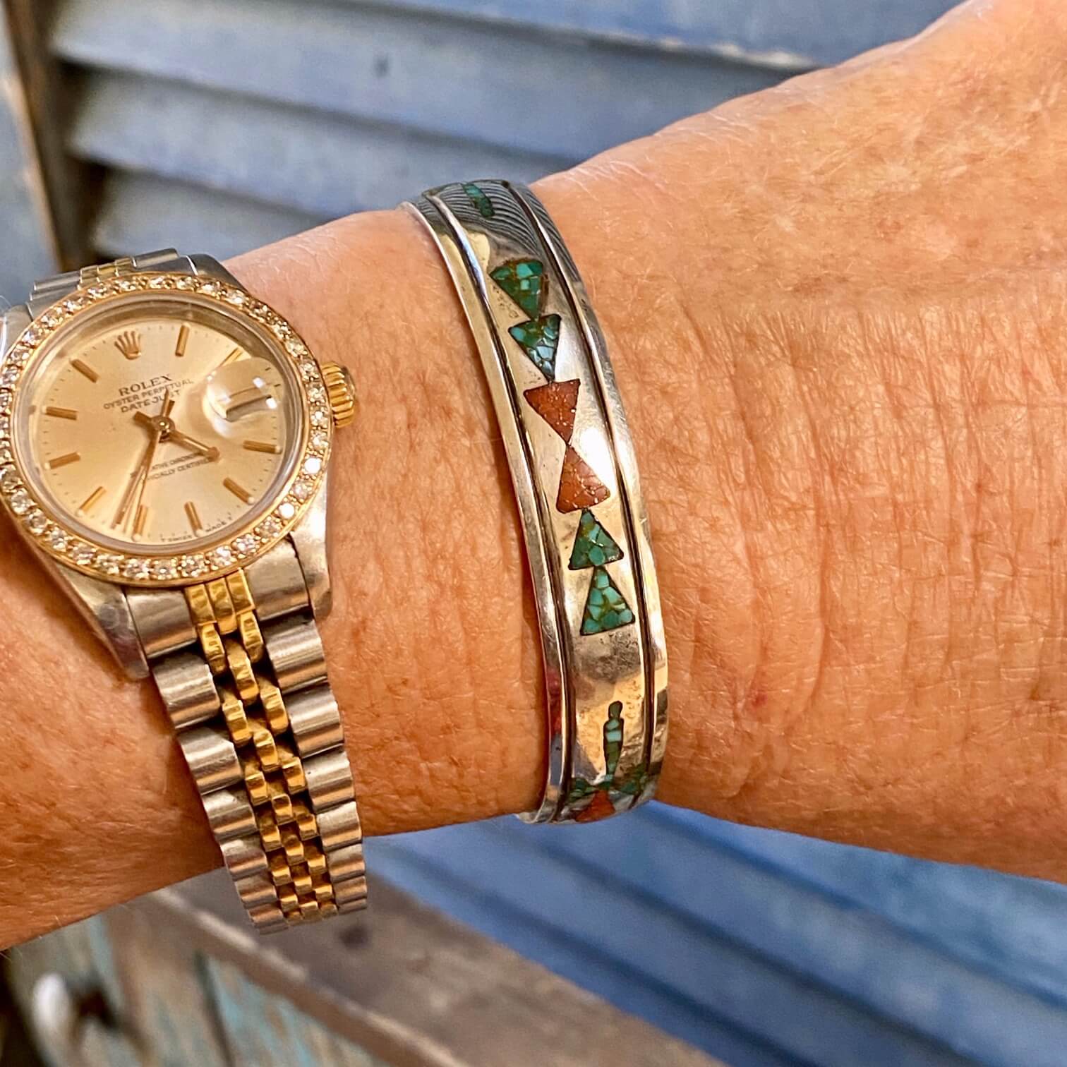 Southwestern Sterling Silver Bracelet Chip Mosaic Inlay