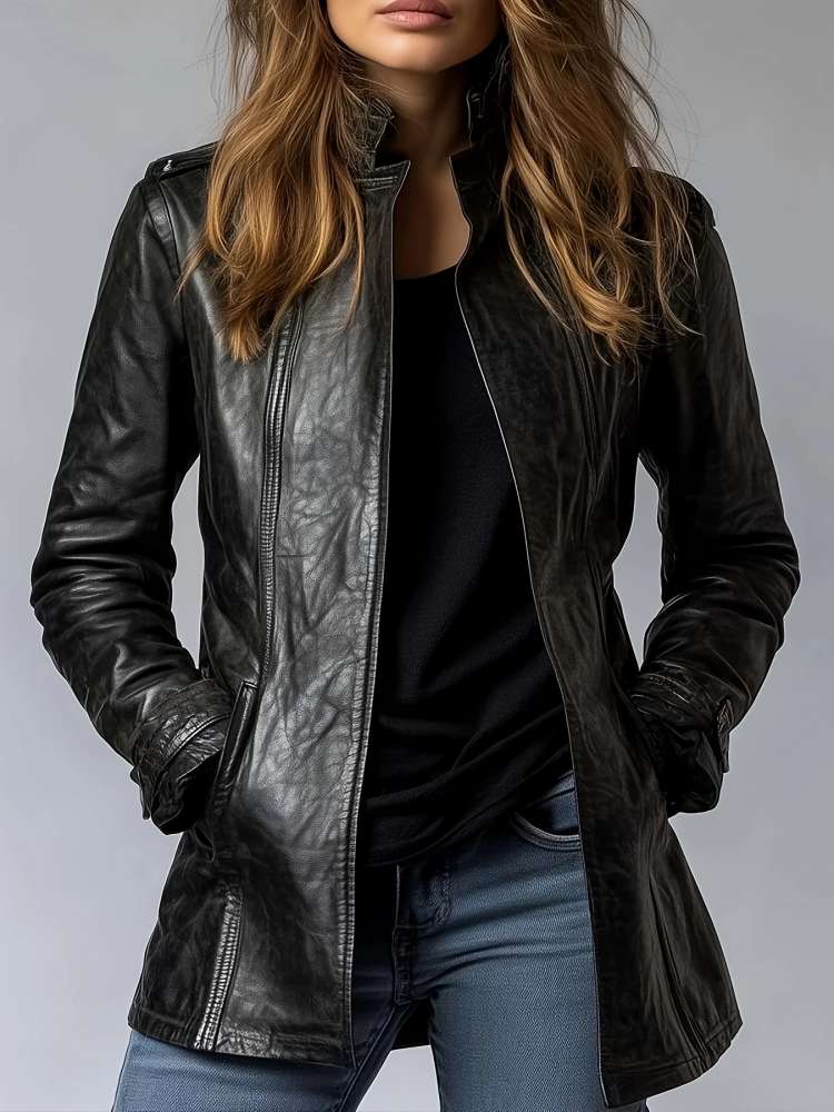 Distressed PU Stand Collar Fitted Jackets