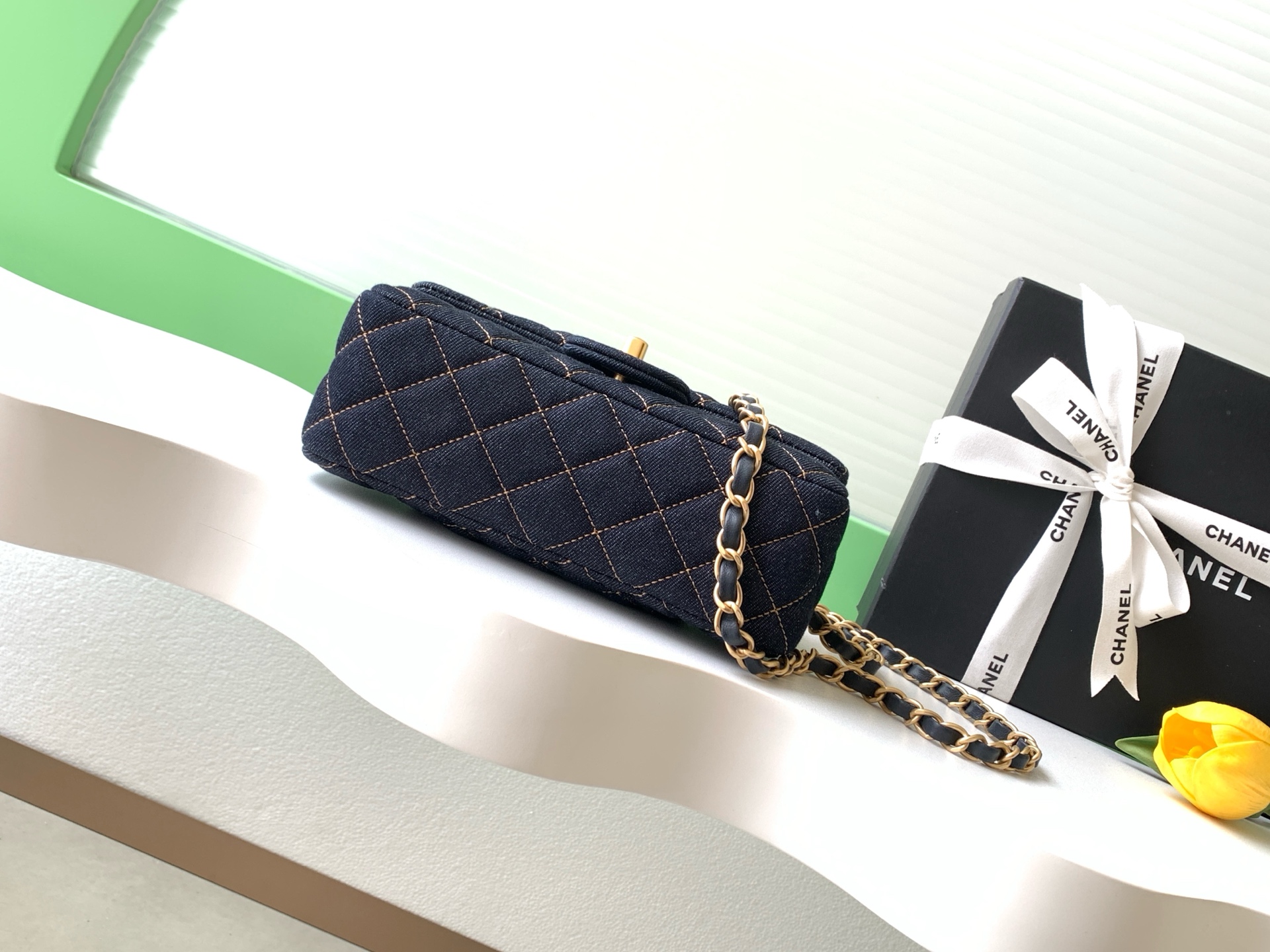 Classic Flap (CF) Large Mini in Dark Blue Denim with Gold Hardware (Model A01112, 25C26P Pre-Collection) - Mocuir