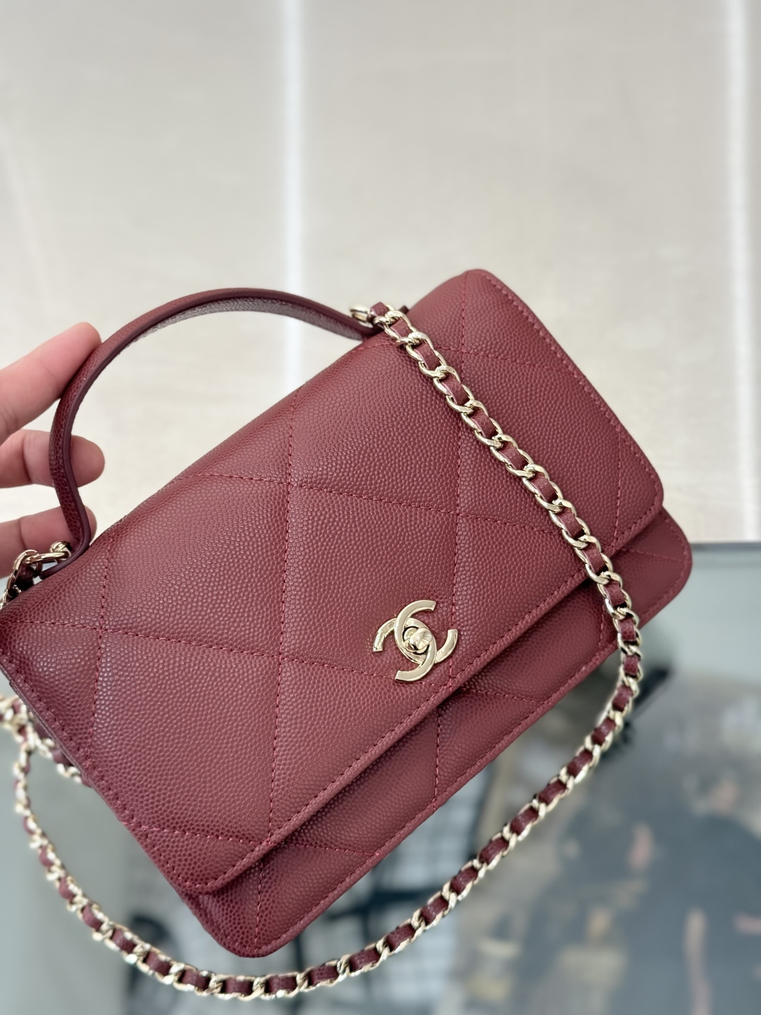 Classic Wallet On Chain with Top Handle（Burgundy） - Mocuir