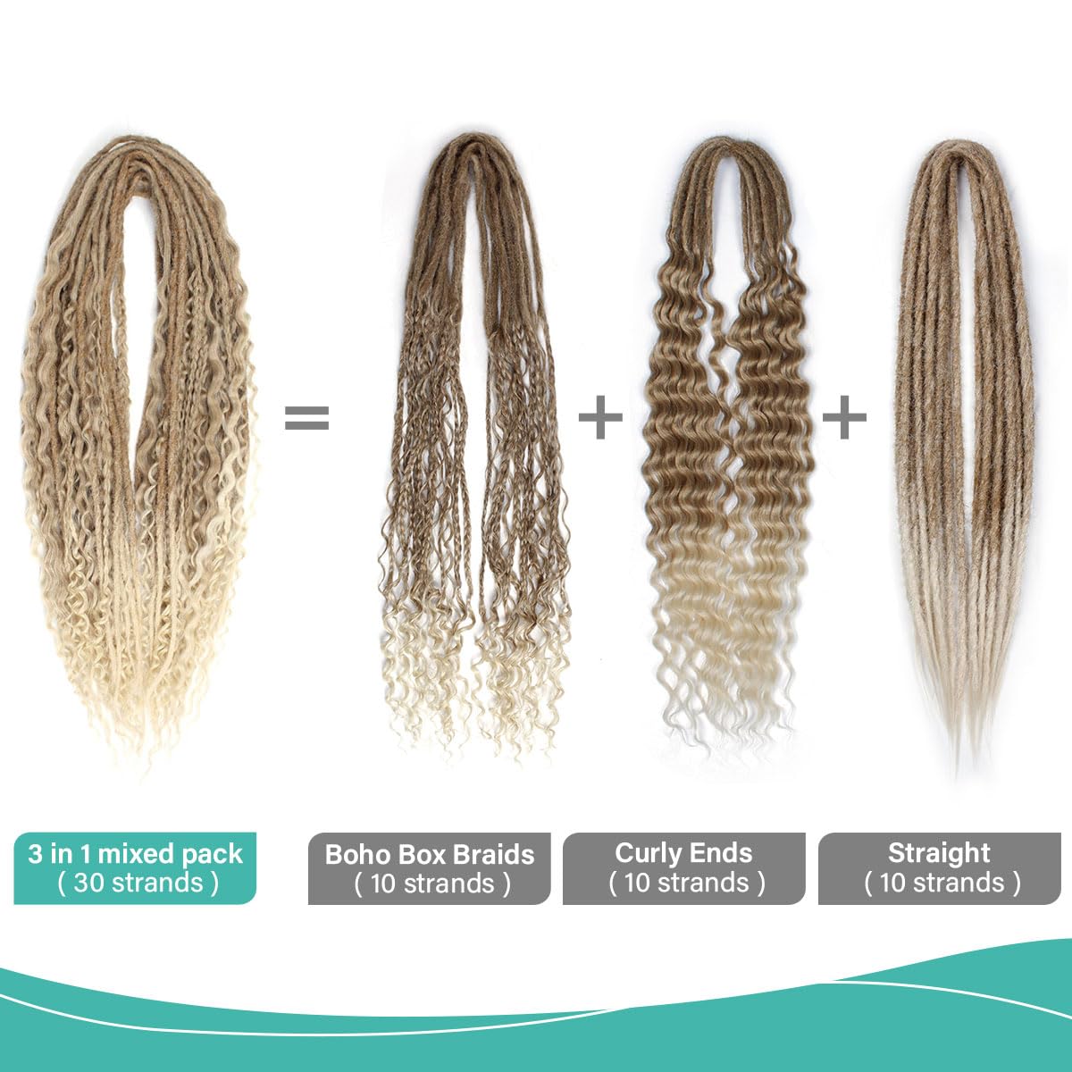 24 Inch 3 In 1 Dreadlock Extensions Sets, 30 Strands Mixed Brown to Blonde Synthetic DE Dreads Extensions, 100% Handmade Soft Double Ended Curly Boho Wavy Dreads for Girls
