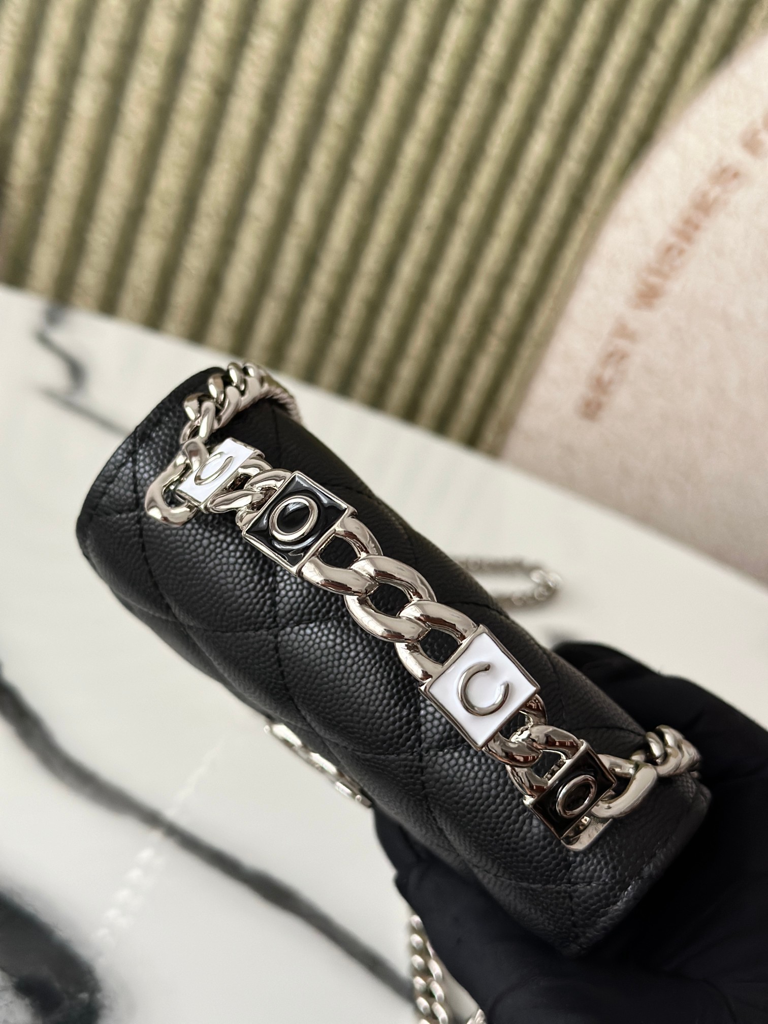 Mini Classic Flap with Chain Top Handle in Black Quilted Caviar Leather with Silver-Tone Hardware - Mocuir