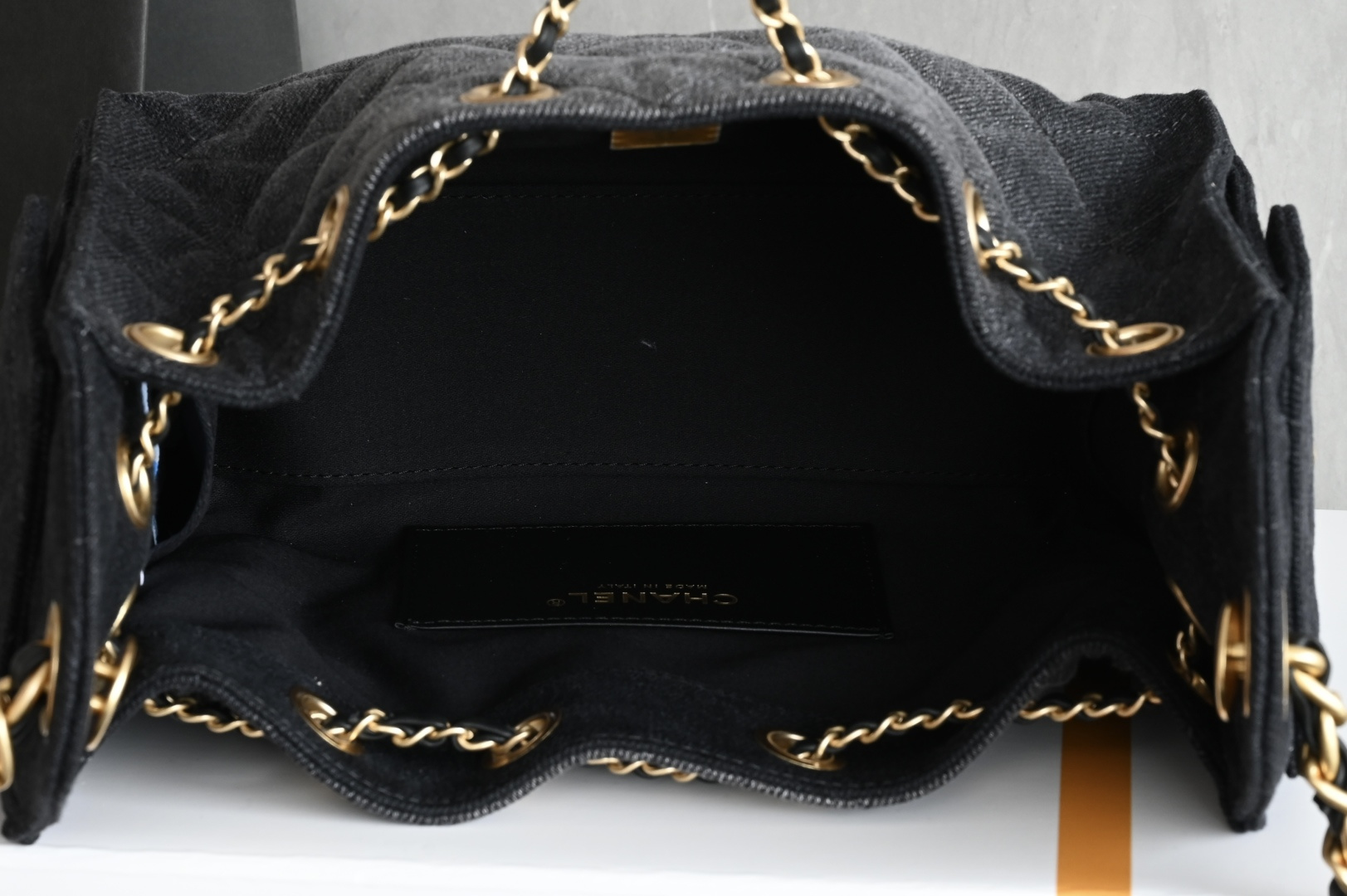 25 Mini Handbag (AS5631) in Black Washed Denim with Antique Gold-Tone Hardware - Mocuir
