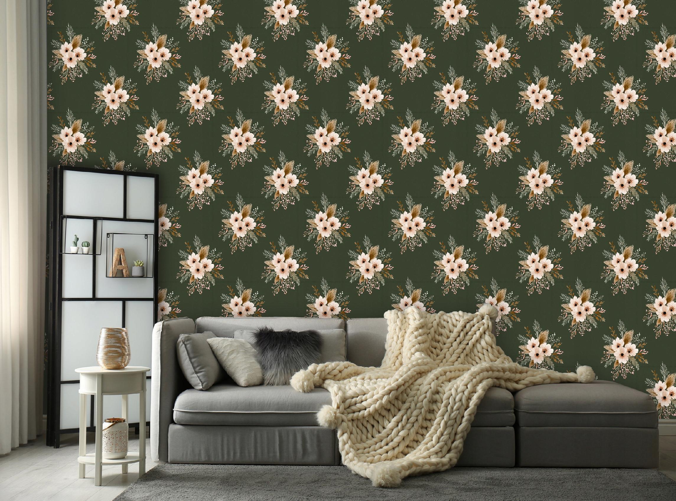 Boho vintage flowers and leaves wallpaper on non-woven fabric for living room and bedroom walls