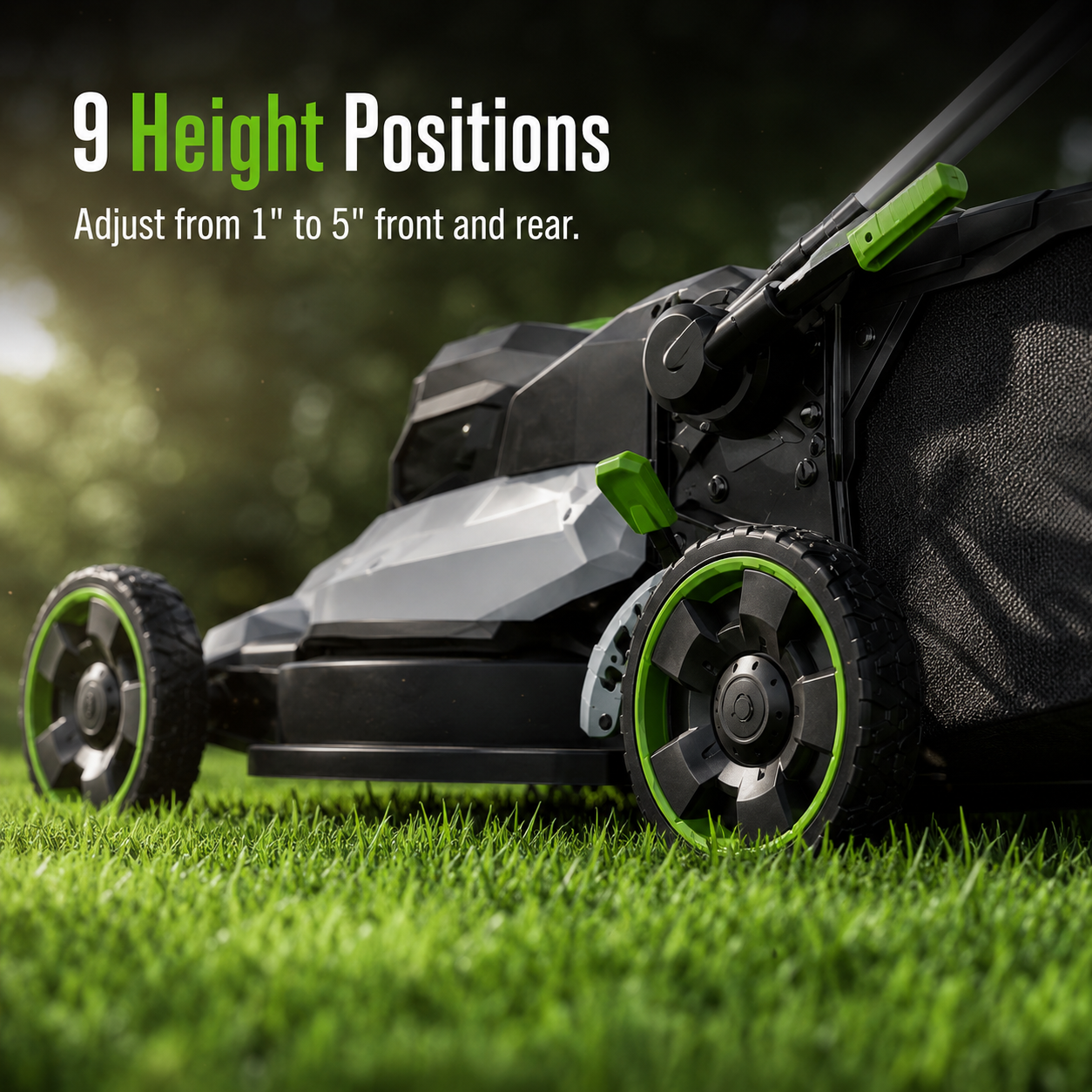 9 height positions cordless lawn mower