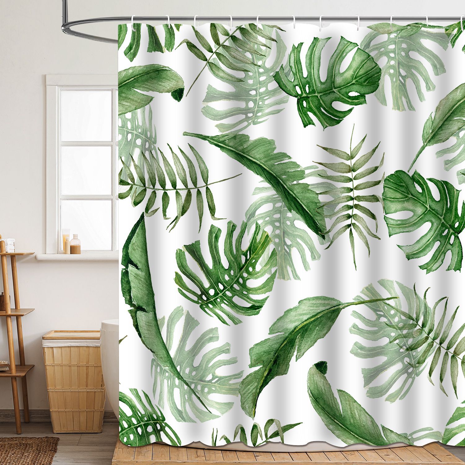 Shower curtain green plant leaf polyester 3d digital printing waterproof and mildew-proof shower bathroom partition