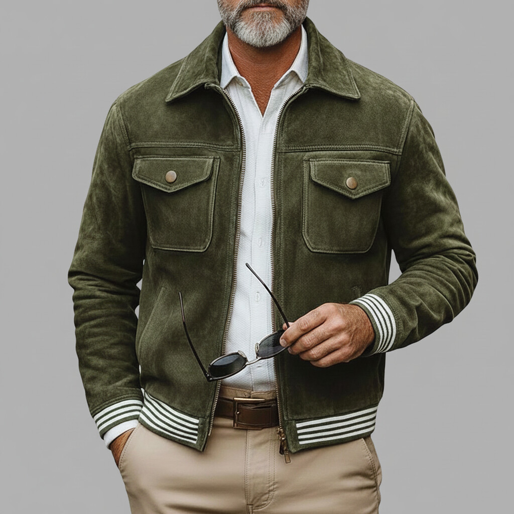 Men's Retro Army Green Suede Shirt Collar Long Sleeve Flap Pocket Striped Zipper Jackets