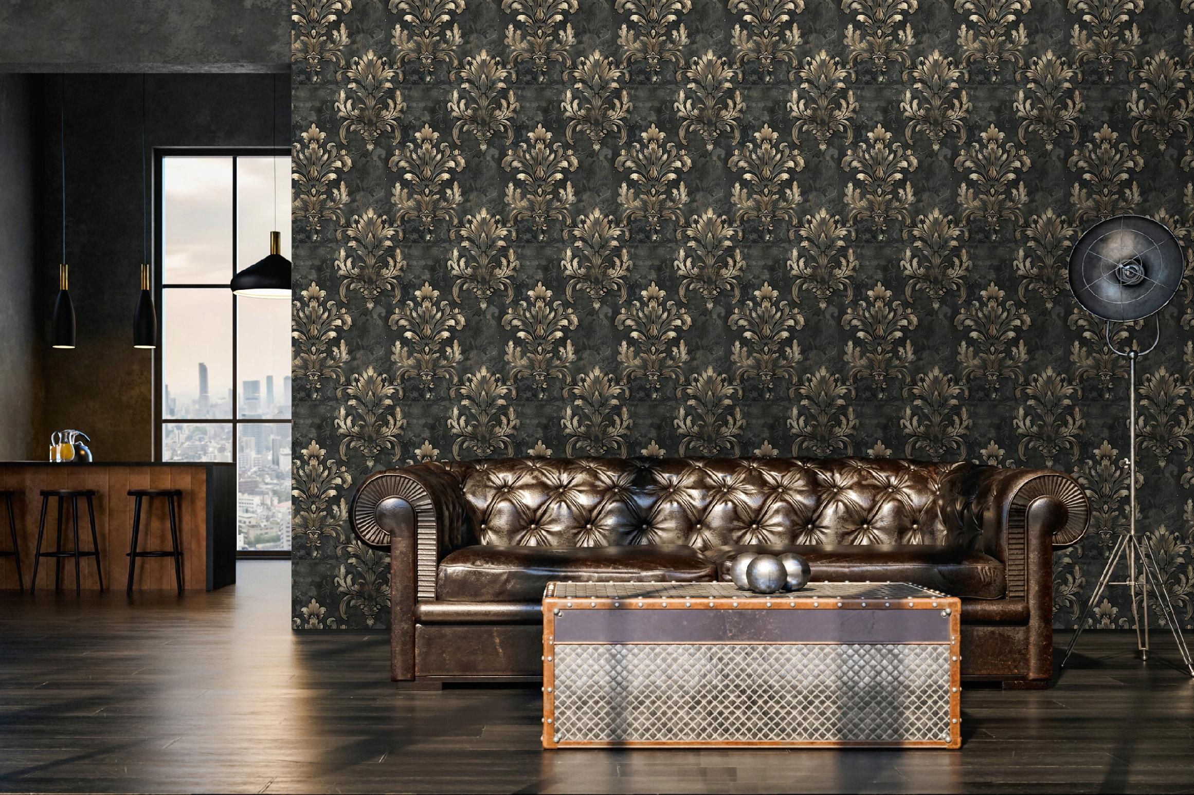 Glamorous ornamental wallpaper on non-woven backing for bedroom and living room walls, sold in rolls