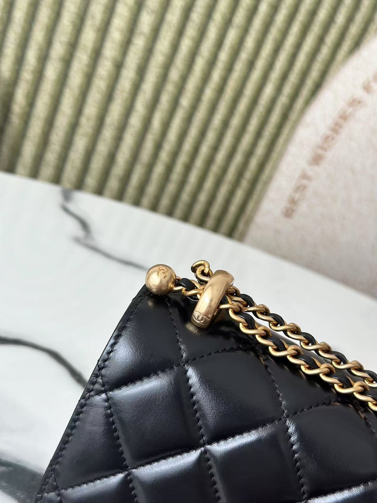 Small Flap Bag with Pearl Chain Detail in Black Shiny Calfskin with Gold-Tone Hardware - Mocuir