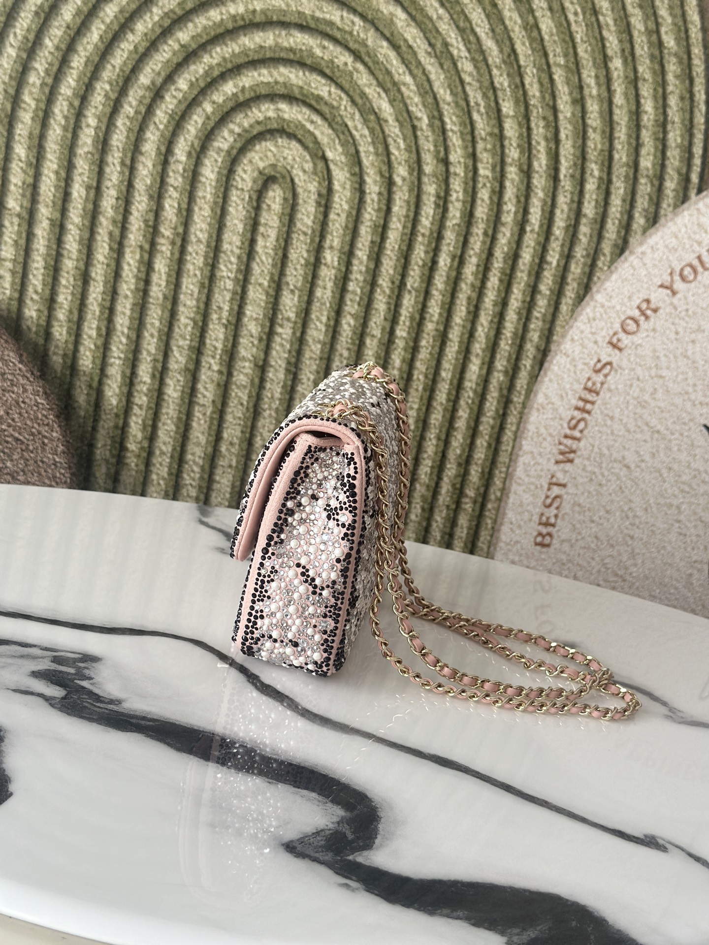 24C25C Small Classic Flap Bag in Sakura Pink Crystal & Pearl Embellished Lambskin with Leopard Pattern & Light Gold-Tone Hardware - Mocuir