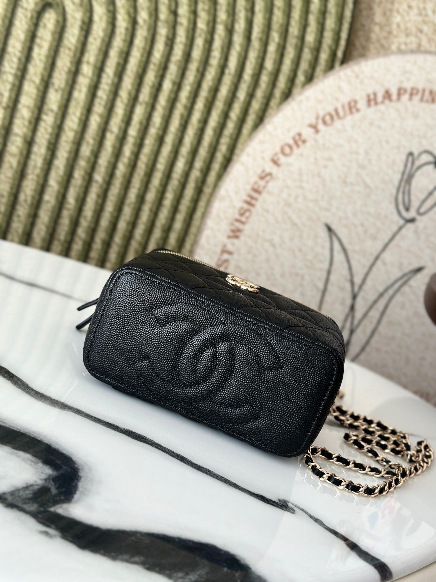 Mini Rectangular Vanity Case with Top Handle in Black Quilted Caviar Leather with Gold-Tone Hardware - Mocuir