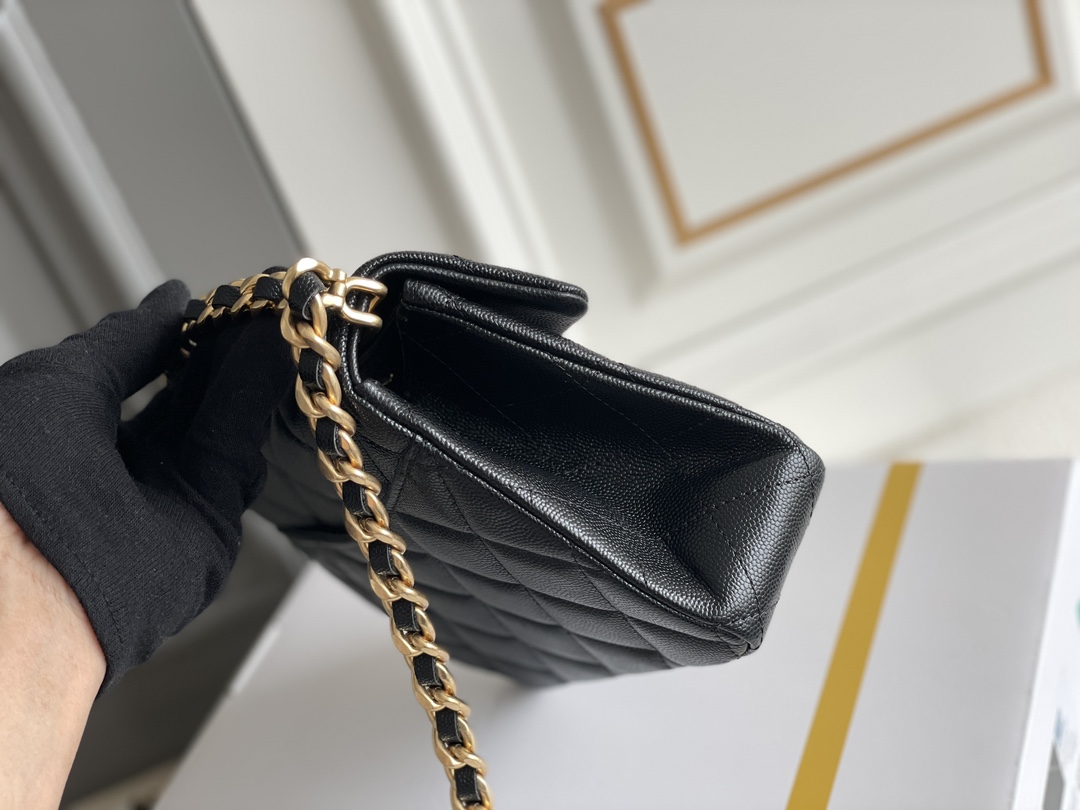 Classic Flap Mini Bag with Chain Handle in Black Quilted Grained Calfskin (Caviar) with Light Gold-Tone Hardware (Model AS5701) - Mocuir
