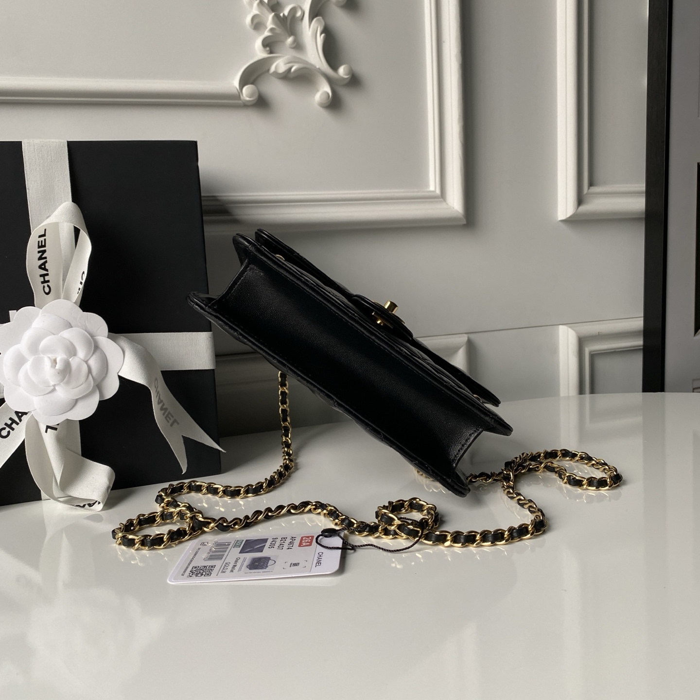 Mini Top Handle Flap Messenger Bag in Black Quilted Lambskin with Light Gold-Tone Hardware - Mocuir