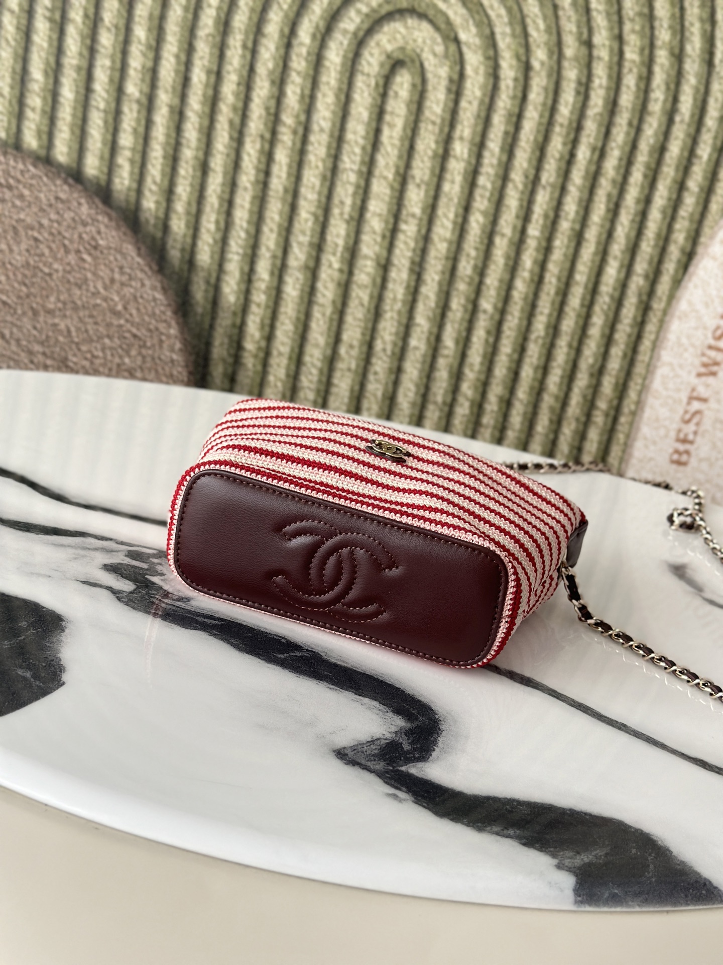 26P Cruise Mini Hobo Pouch with Chain in RedPinkWhite Striped Crochet and Lambskin with Light Gold-Tone Hardware - Mocuir