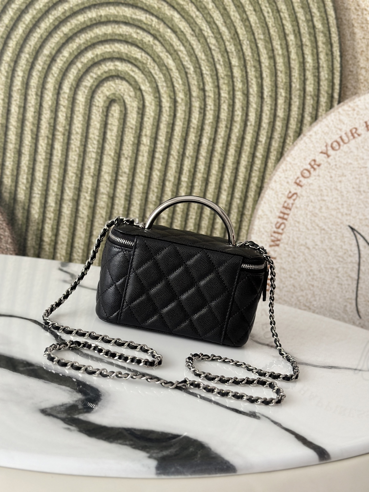 Black Caviar Quilted Vanity Case with Silver Metal Handle & Silver Hardware - Mocuir